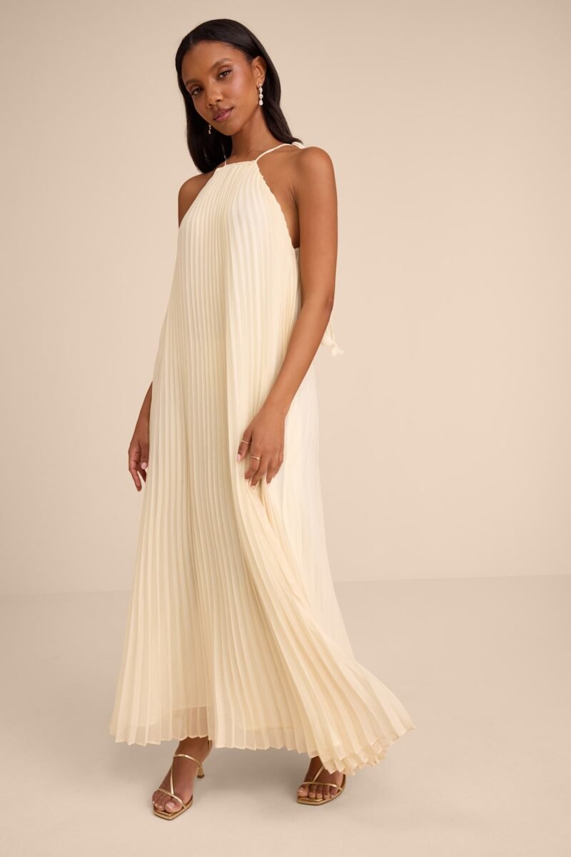 Naylani Cream Pleated Tie Strap Maxi Dress