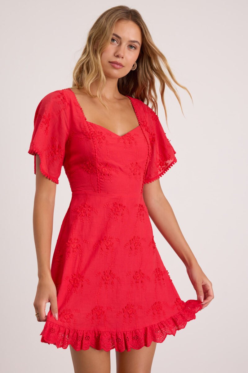 Morning In Mallorca Red Eyelet Mini Dress