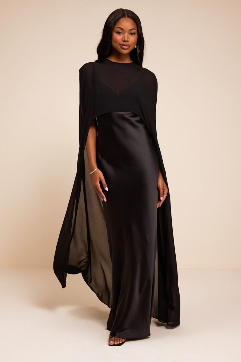Cavana Black Satin Cape Maxi Dress