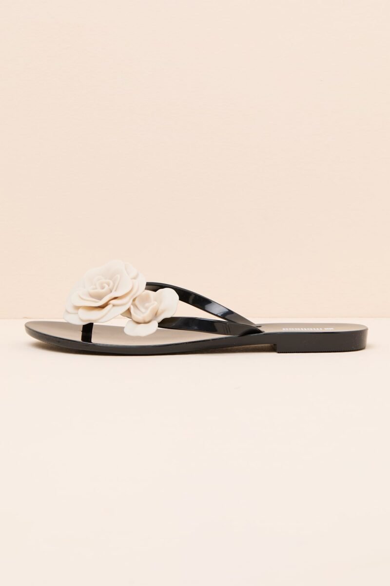 Harmonic Petals Black And Beige Thong Sandals