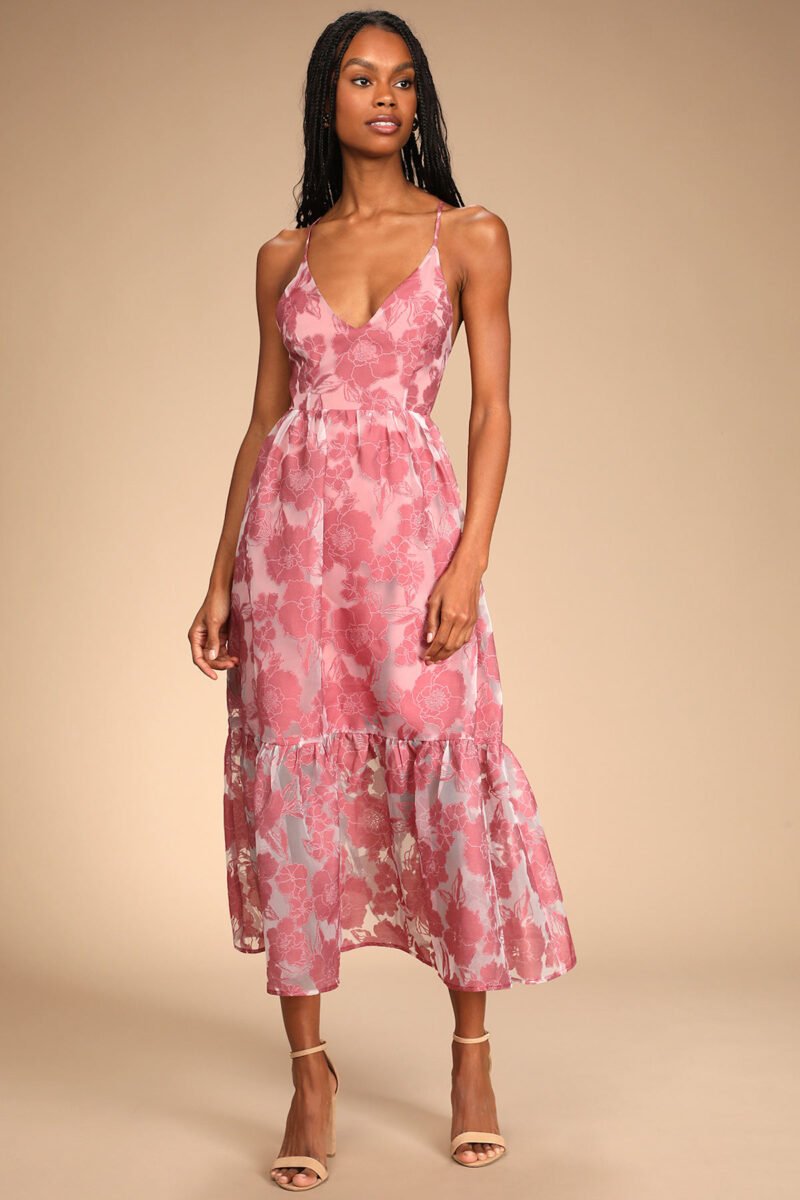 Feeling Like Forever Rose Jacquard Organza Lace Up Midi Dress
