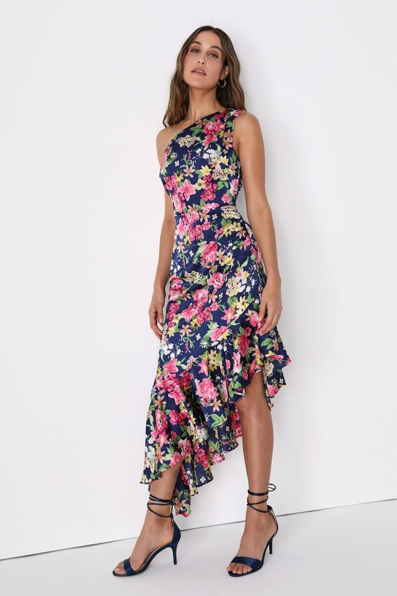 Divinely Blooming Blue Multi Floral One Shoulder Midi Dress
