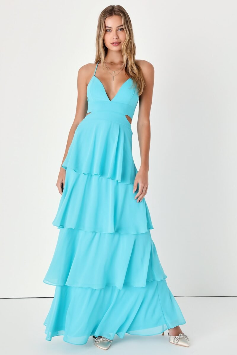 Tier And Now Blue Tie Back Tiered Maxi Dress